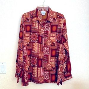 BON WORTH SZ L MEDALLION AUTUMN BROWN BUTTON UP LONG SLEEVE POLY BLOUSE